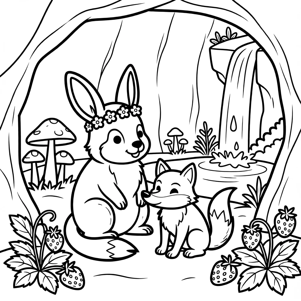 A bilby in a cave glowing with mushrooms, wearing tiny flower crowns with a wolf pup, next to a patch of wild strawberries, as a gentle waterfall splashes in the background.