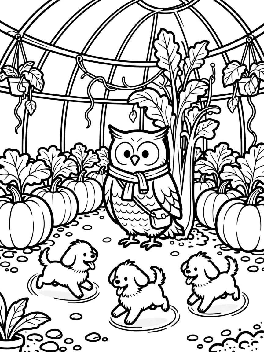 A shy pumpkin patch guardian owl takes a break from adventures to try playing an epic game of hide and seek at a space station greenhouse growing giant vegetables, with three bouncing puppies chasing their tails close behind. It feels like the best day ever for everyone involved.