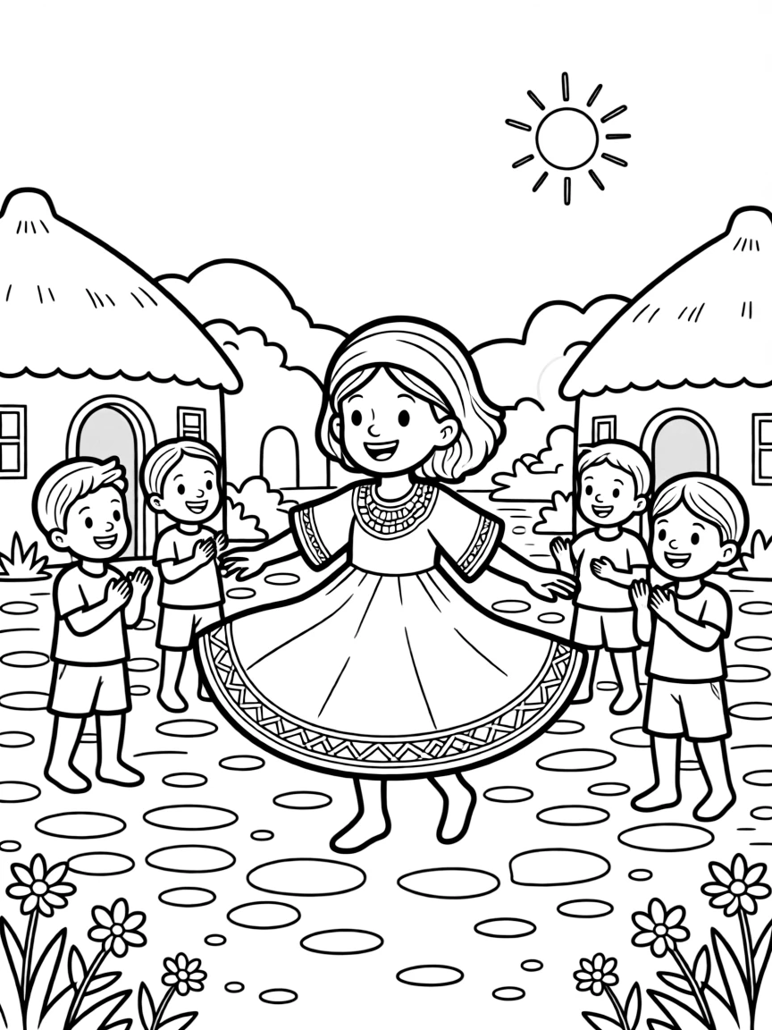 A coloring page from Ethiopia showing a child wearing a white cotton habesha kemis with a woven border, twirling happily in a village square while friends look on and clap.