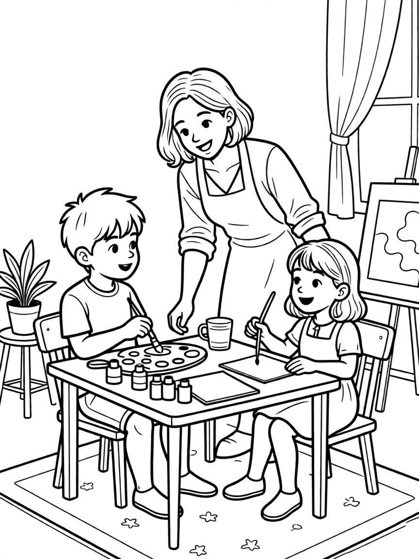 a curious older brother and his little sister mixes colors on a palette while learning from a visiting artist.