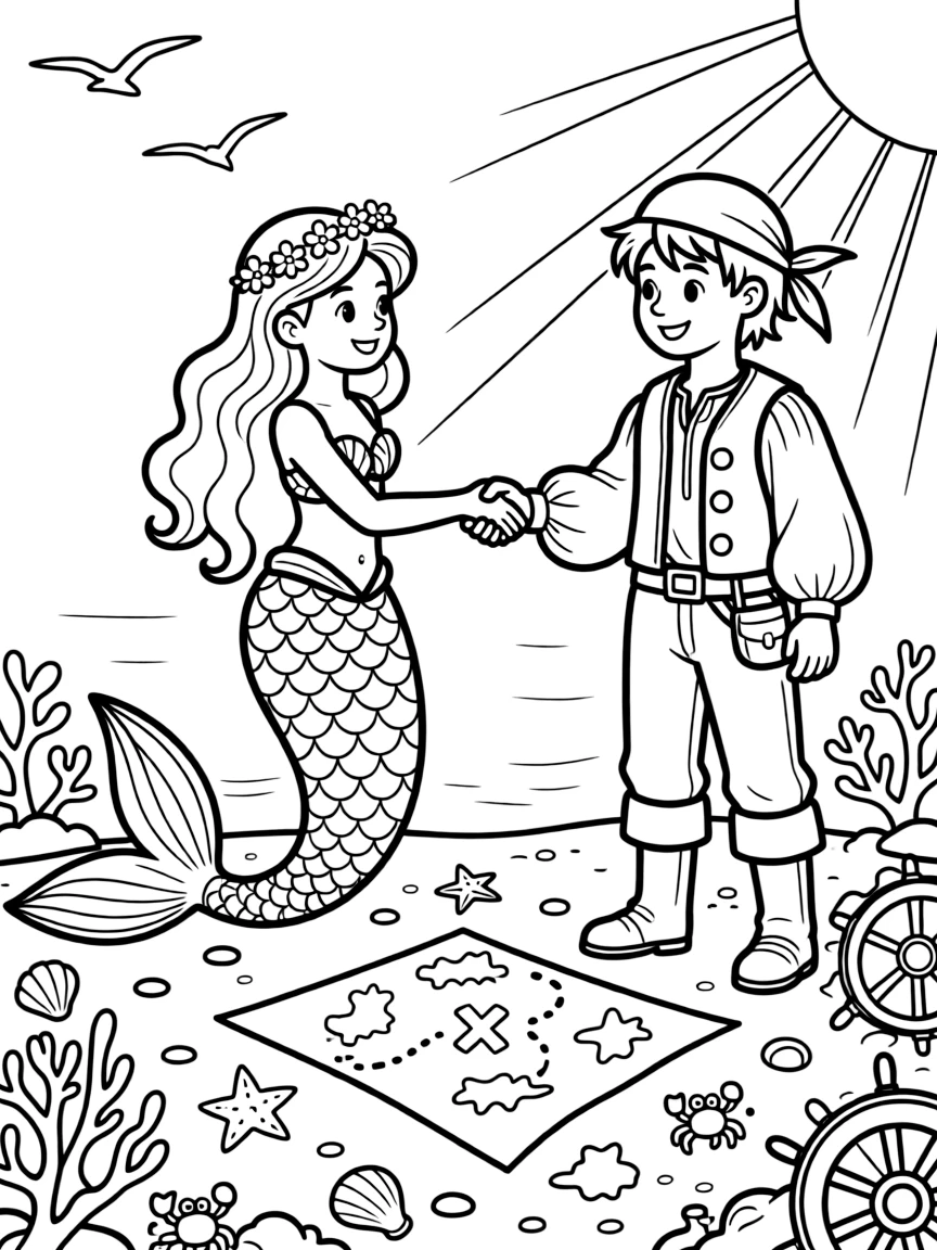 A mermaid and a young pirate captain shake hands in a truce, a treasure map spread between them on a sunlit reef.