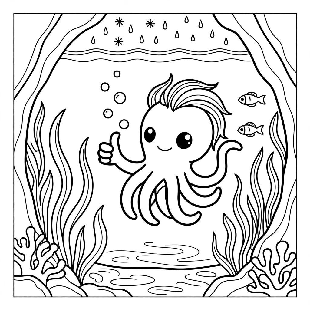 [Sea Creatures] a curious octopus exploring a cave beneath the waves around a rocky underwater cliff, giving a confident thumbs-up, while seaweed sways gently in the current fills the surrounding area. Coral formations add interesting shapes nearby. Set just after a rainstorm, with snow gently falling, the page bursts with adventure and imagination.