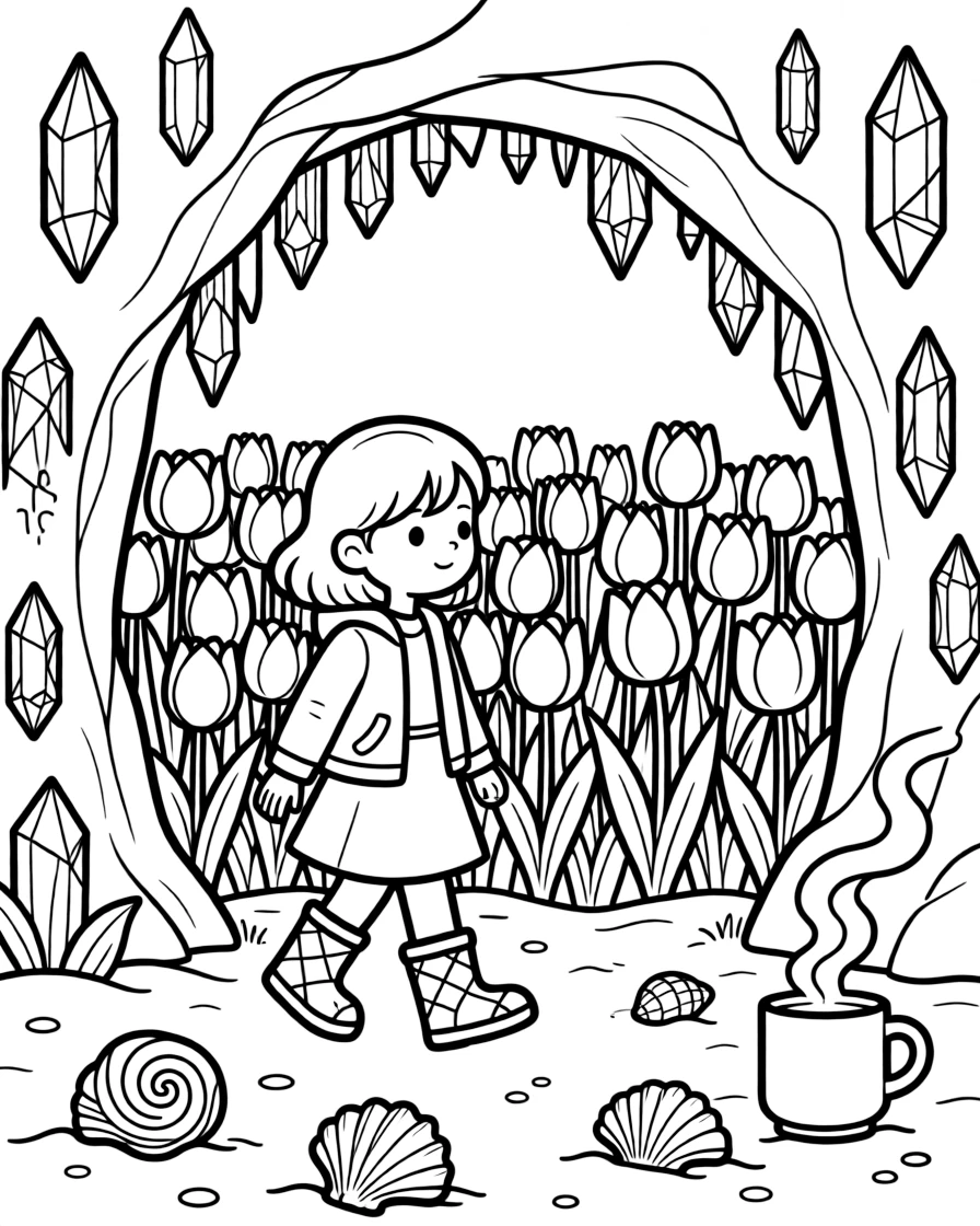 A girl in colorful rain boots is exploring a cave glittering with crystals in a tulip field in full bloom. Just beyond, glittering seashells scattered on the sand and a curling wisp of steam from a warm mug round out the happy picture.