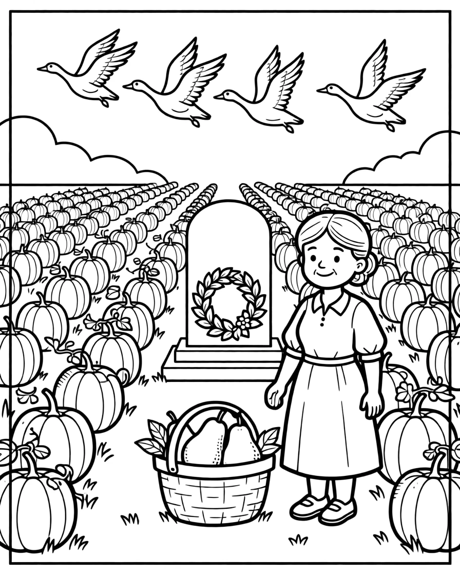 A wide view on a farm surrounded by rows of golden pumpkins, featuring a wreath laid beside a solemn monument, a cheerful grandmother, and a bushel basket of pears, with a flock of geese flying south nearby.