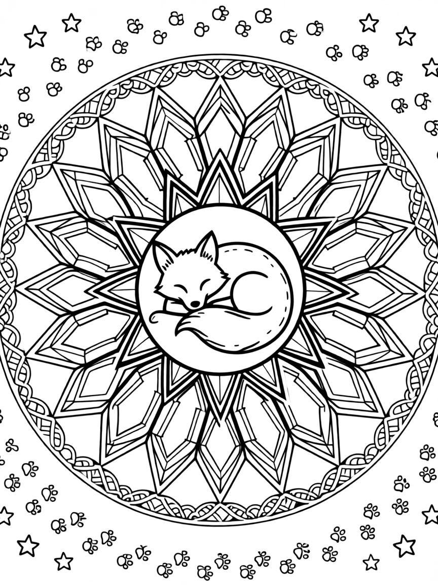 Arctic & Polar Animals: The design turns an arctic fox curled up in soft snow into a kaleidoscope-style composition anchored by a crystal-facet mandala built from angular repeating shapes. The imagery is multiplied into a circular burst of matching pieces that rotate evenly around the page's center point. Decorative details fill the surrounding space, including overlapping fish-scale textures, interlocking circle chains, and clusters of small five-point stars woven throughout the background. A playful extra touch completes the page: a trail of small paw prints wandering along the outer edge.