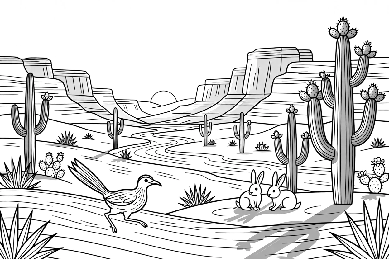 [Desert Dunes] A roadrunner dashes across the sand past a cluster of tall saguaro cacti. A family of jackrabbits rests in the shade of a cluster of tall cacti. Layered red rock formations rise beside a dry riverbed dotted with hardy desert plants. Warm golden light stretches long shadows across the rippling sand at sunrise.