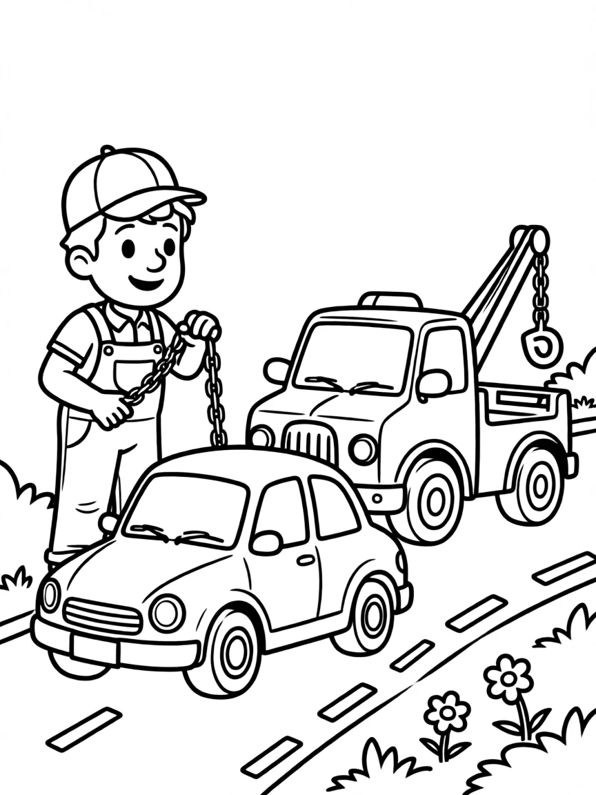 A tow truck driver hooks a chain to a car stuck on the roadside.