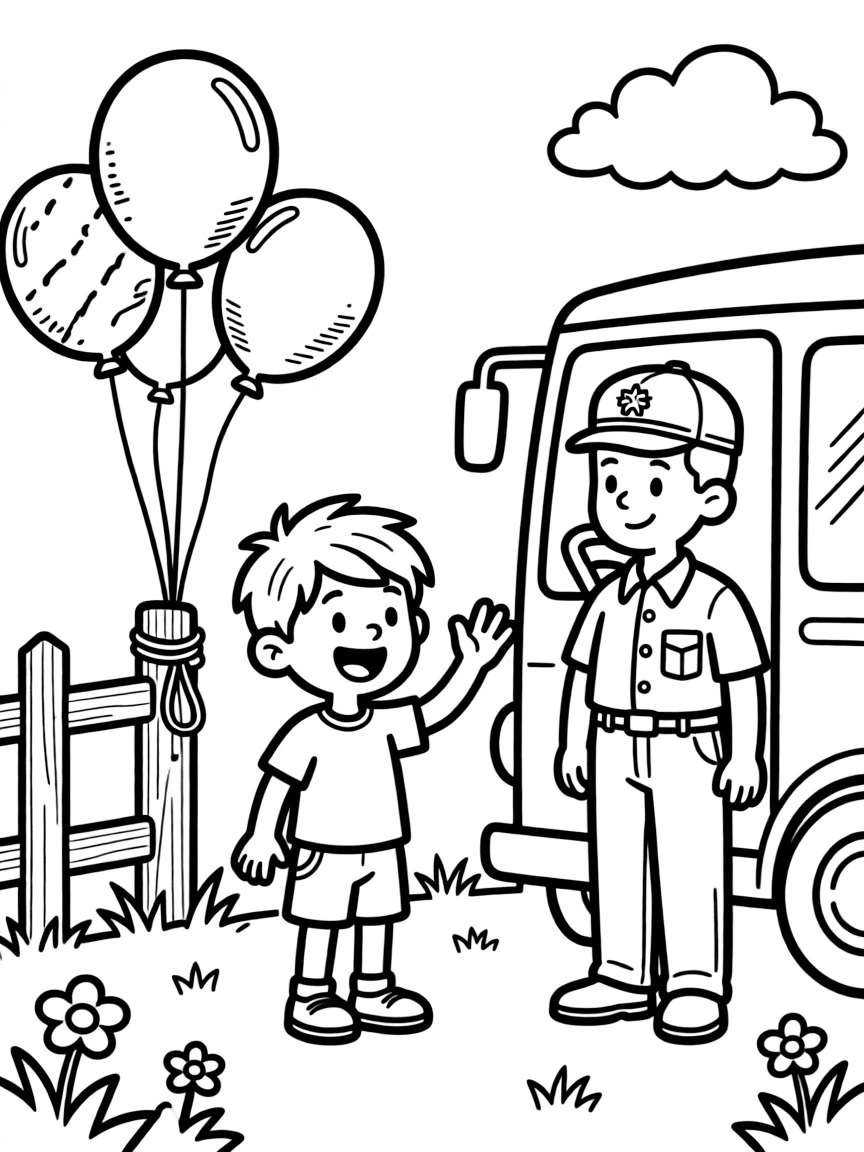 A talkative boy waving goodbye to a bus driver with balloons tied to a fence post.
