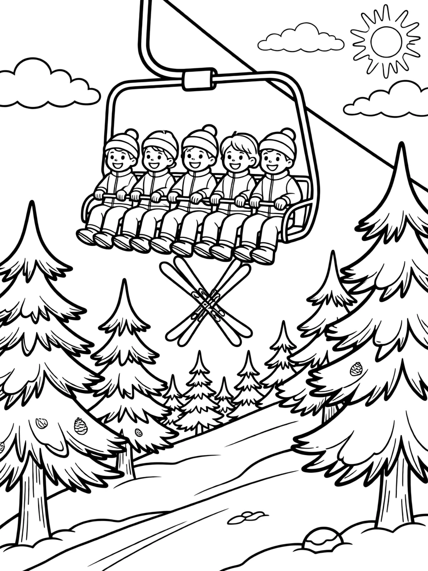 A team of neighborhood kids, riding a chairlift up the mountain, skis dangling above the snowy trees.