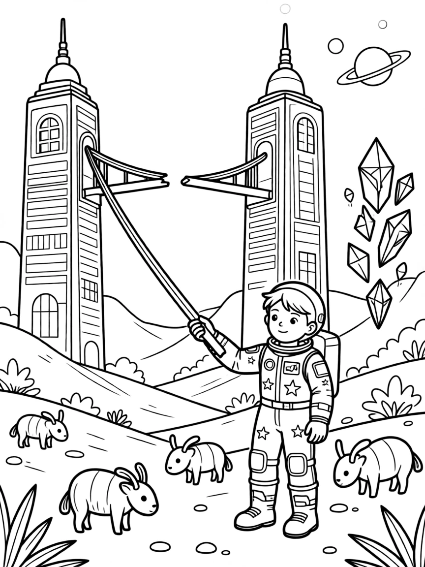 Explorer Radian, a young space explorer in a starry spacesuit fixing a broken light beam bridge between two skyscraper towers in a hidden valley on a distant planet ringed by twin moons, as a herd of gentle six-legged alien creatures grazing nearby and a cluster of floating crystals humming softly fill the scene.