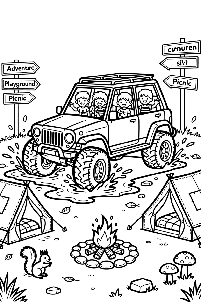 The scene captures a rugged all-terrain vehicle splashing through a mud puddle in the middle of a cozy campground with tents and a crackling campfire, with a group of cheerful kids waving from the windows nearby and road signs pointing toward fun destinations sprinkled around for extra fun.
