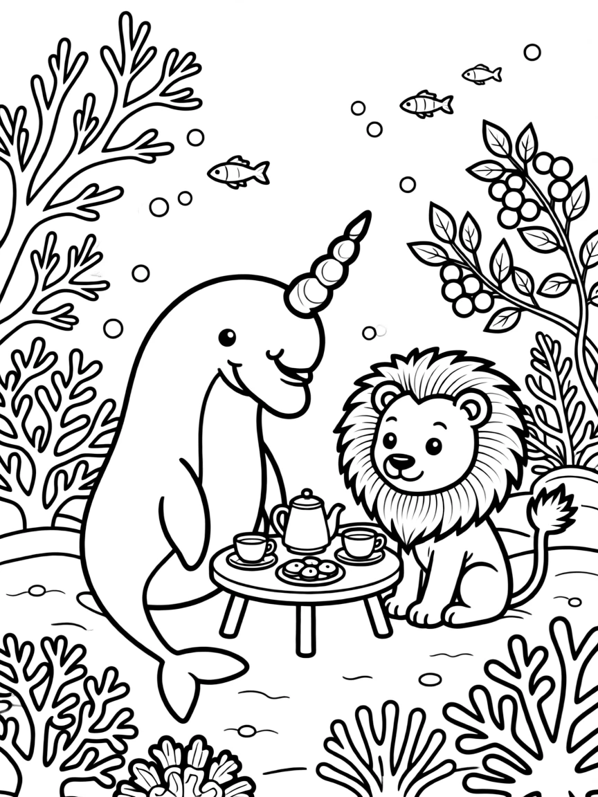 A narwhal having a tea party with a lion cub in a coral reef, near a berry bush.