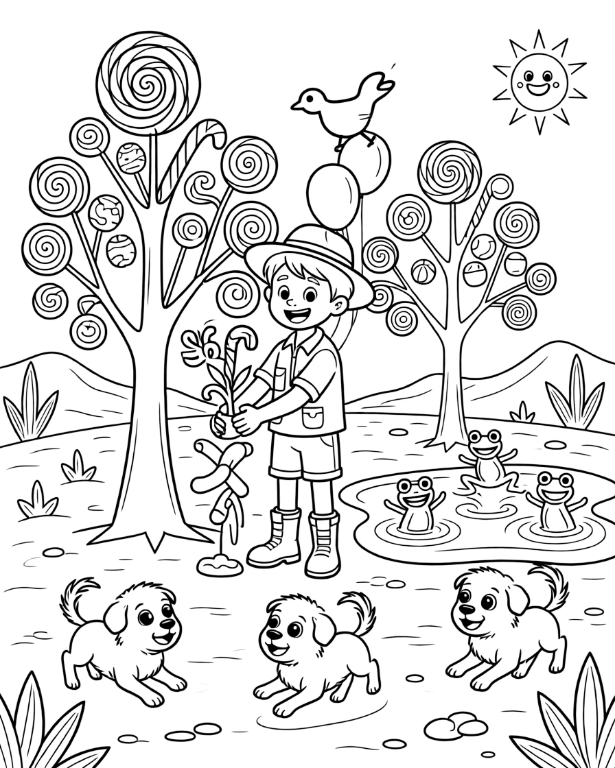 At a birthday party decorated with balloon animals, a bold camel desert explorer is busy planting seeds that grow into candy trees, cheered on by a puddle full of jumping frogs and three bouncing puppies chasing their tails. The whole scene bursts with joy and adventure.
