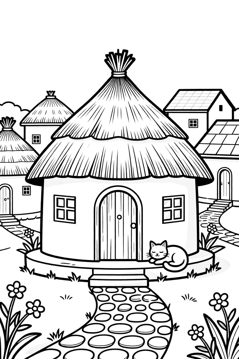 A coloring page from Ethiopia showing a round tukul hut with a peaked thatched roof, surrounded by neighboring buildings, a cobblestone path, and a friendly cat resting on a step.