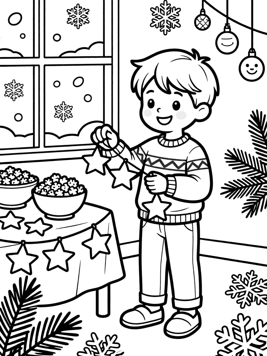 a cheerful little boy strings popcorn and paper stars for a winter classroom celebration.