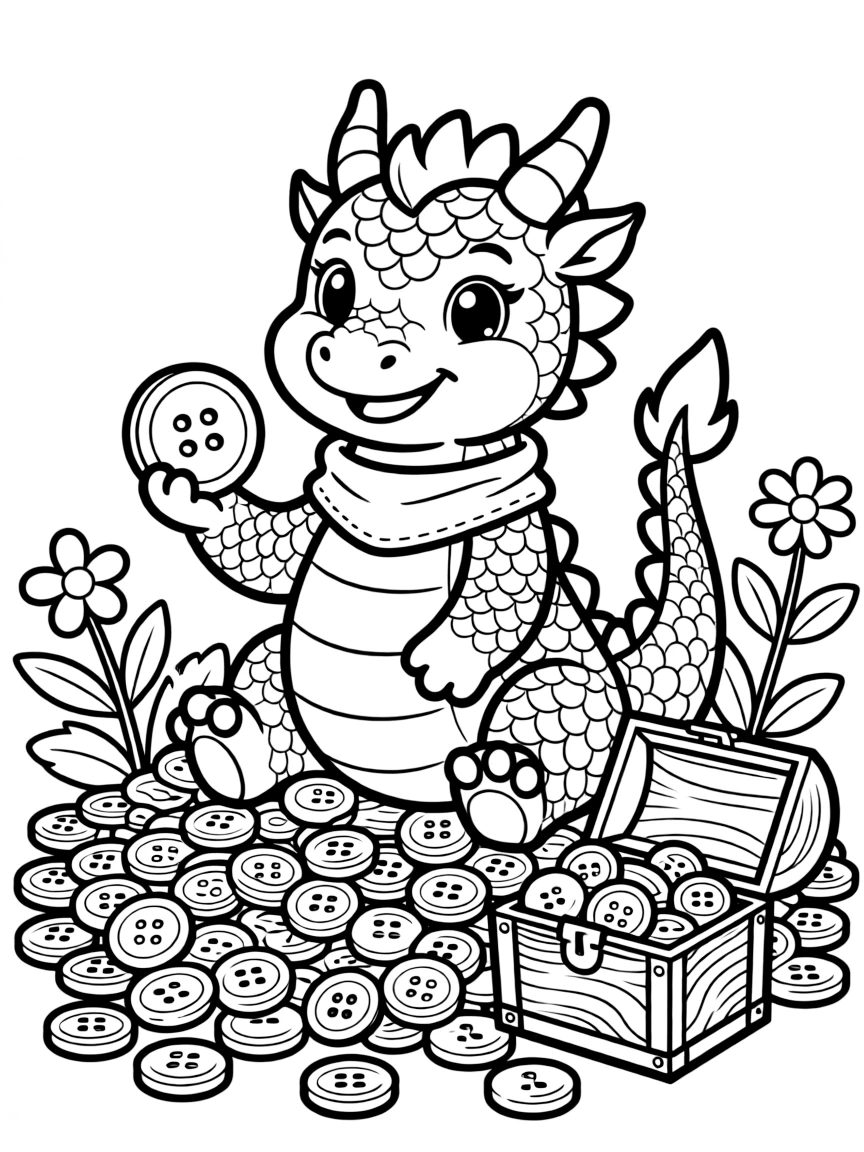 A dragon's favorite hobby is collecting shiny buttons, its hoard sparkling with thousands of mismatched, colorful ones.