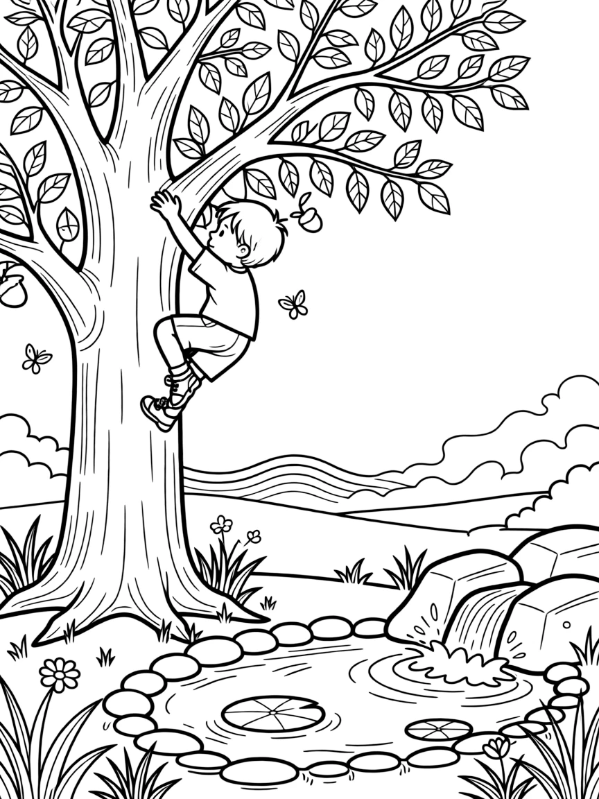 [Outdoor Adventures] a child climbing a big backyard tree climbing higher into leafy branches beside a calm pond, wide-eyed with wonder. Nearby, rushing water splashes over smooth rocks. Fresh air and sunshine fill the scene. The scene is captured on a foggy morning, with heat waves shimmering in the distance, giving the page a lively and adventurous feel that invites plenty of colorful detail.