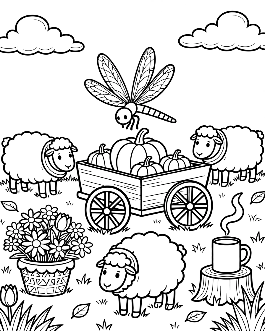 A shimmering dragonfly is filling a wagon with freshly picked pumpkins in a meadow where fluffy sheep graze. Just beyond, a curling wisp of steam from a warm mug and a basket brimming with fresh flowers make the scene feel magical.