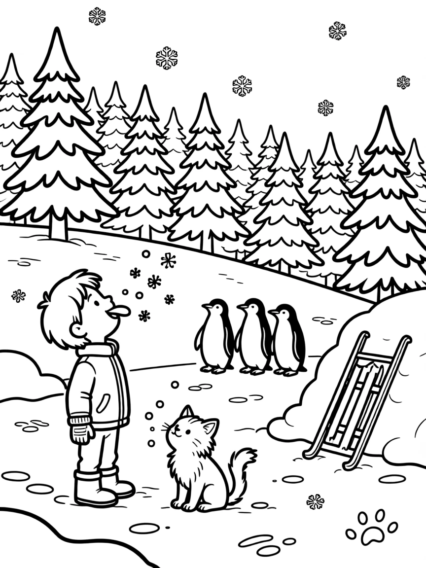 A wide view on a hillside dotted with snow-frosted evergreens, featuring a child catching snowflakes on their tongue, a curious kitten, and a trio of playful penguins, with a sled leaning against a snowbank nearby.