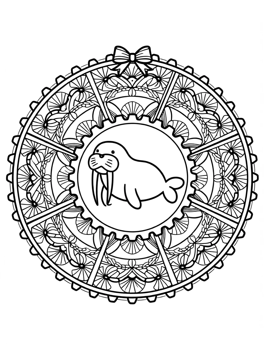 Arctic & Polar Animals: The main subject is a walrus with two long curved tusks, drawn as the focal point of a gear-wheel mandala with even notches around the rim. It is set at the core of the page, with the pattern unfolding outward in eight matching symmetrical segments. Decorative details fill the surrounding space, including rows of scalloped fan shapes, bands of braided rope shapes, and rays fanning out like a small sunburst woven throughout the background. A playful extra touch completes the page: a small ribbon bow tied neatly at the top of the design.