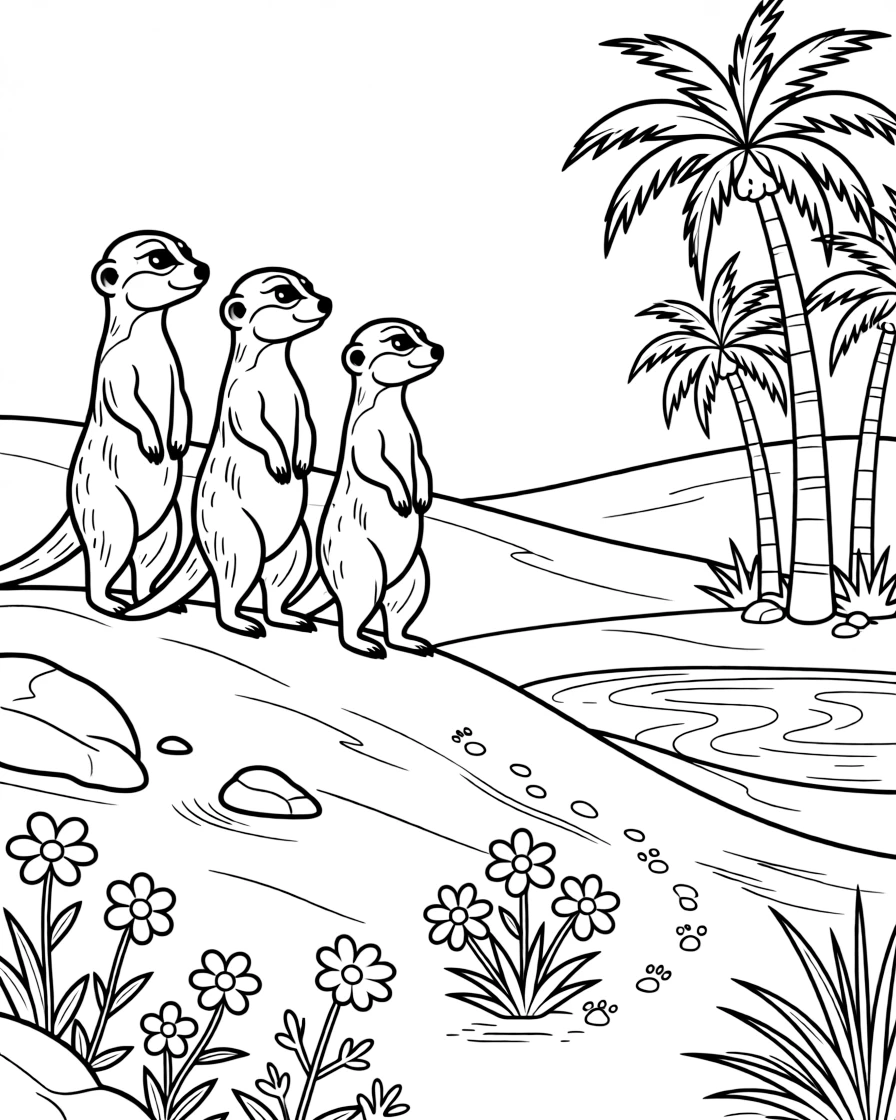 [Desert Dunes] A family of meerkats stands alert atop a sandy dune, watching the horizon together. Colorful desert flowers bloom between rocks near a trail of small paw prints. A hidden oasis with a small pool and palm trees breaks up the golden, sandy landscape. Warm golden light stretches long shadows across the rippling sand at sunrise.