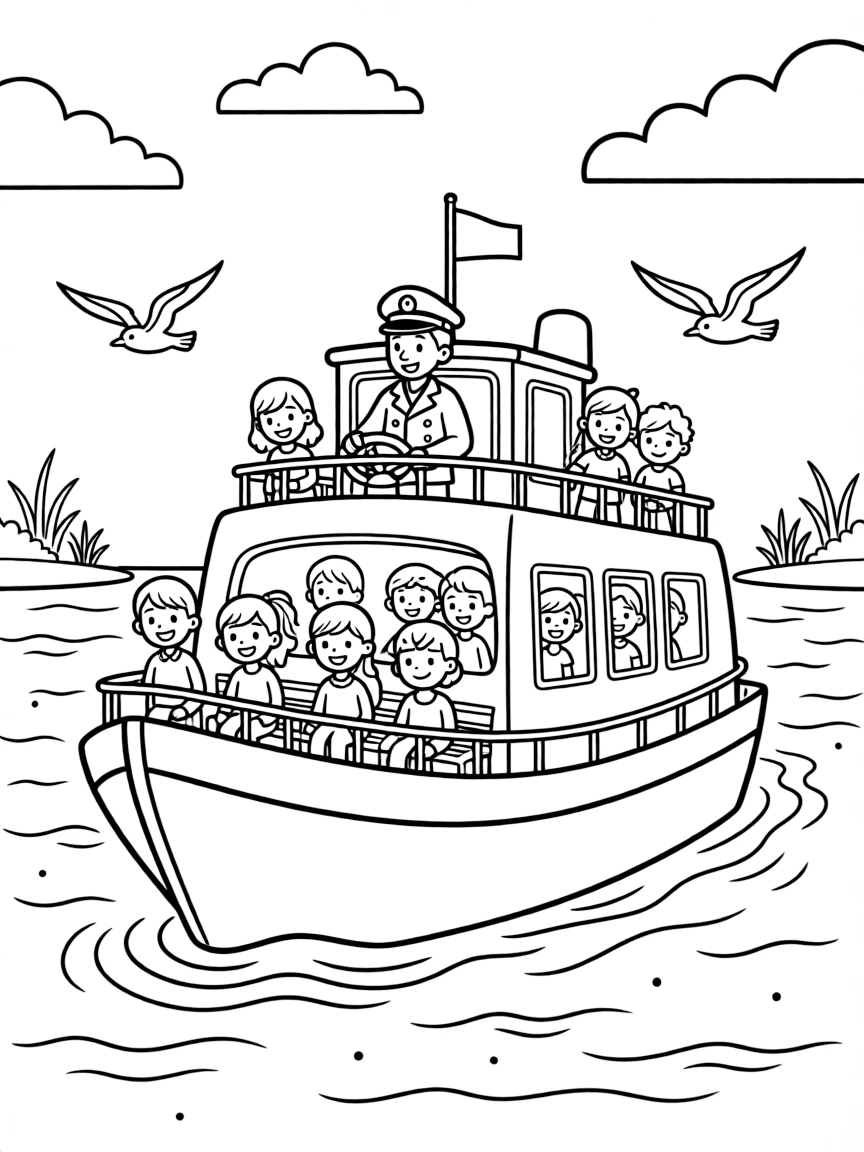 A ferry captain steers a boat full of passengers across a sparkling bay.