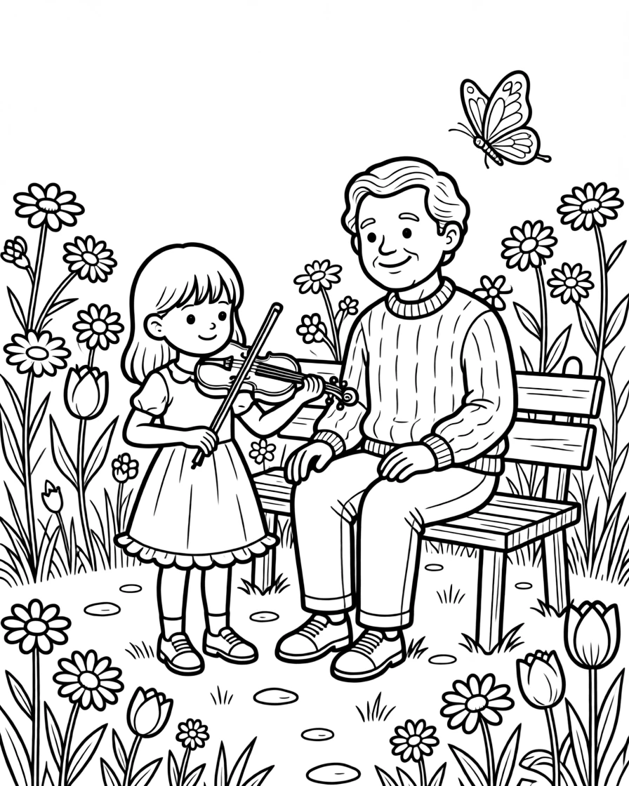 A little girl playing the violin together with a great-grandparent in a meadow full of wildflowers while a butterfly visits nearby.
