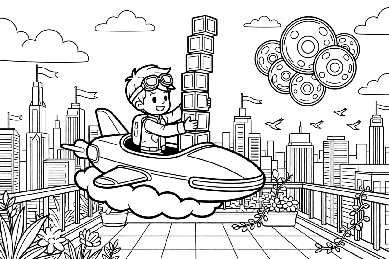 Pilot Titan zooming along on a cloud cruiser stacking glowing blocks to build a tower reaching the clouds in a rooftop garden overlooking a glowing cyber skyline, as banners and flags fluttering from tall towers and a cluster of soap-bubble-like energy shields fill the scene.