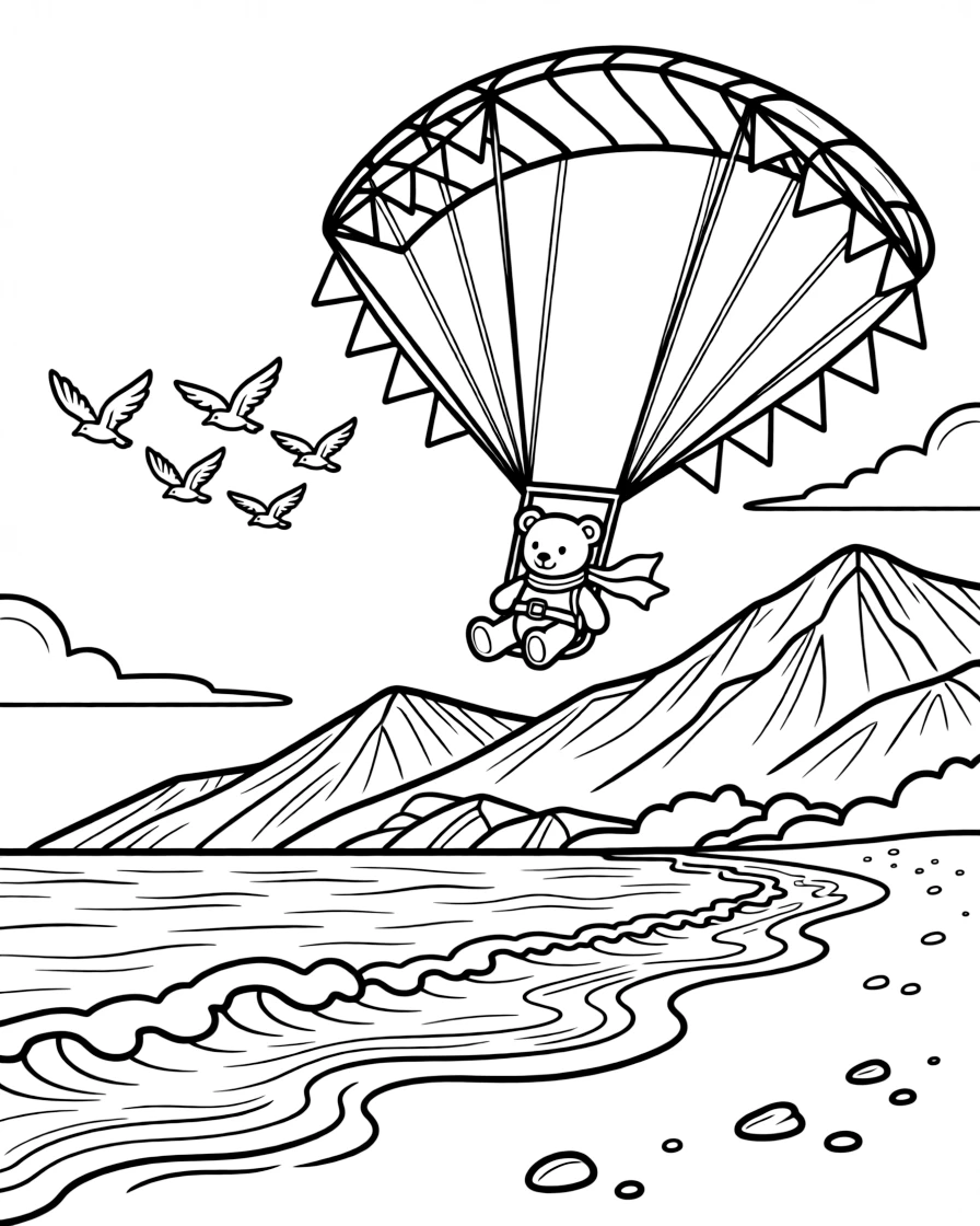 In this scene, a colorful paraglider drifting above a mountain ridge is the star of a sunny sandy beach where waves roll onto the shore, joined by a teddy bear buckled safely into the passenger seat, with a flock of birds flying alongside in formation and colorful flags fluttering from every corner scattered throughout for kids to color.