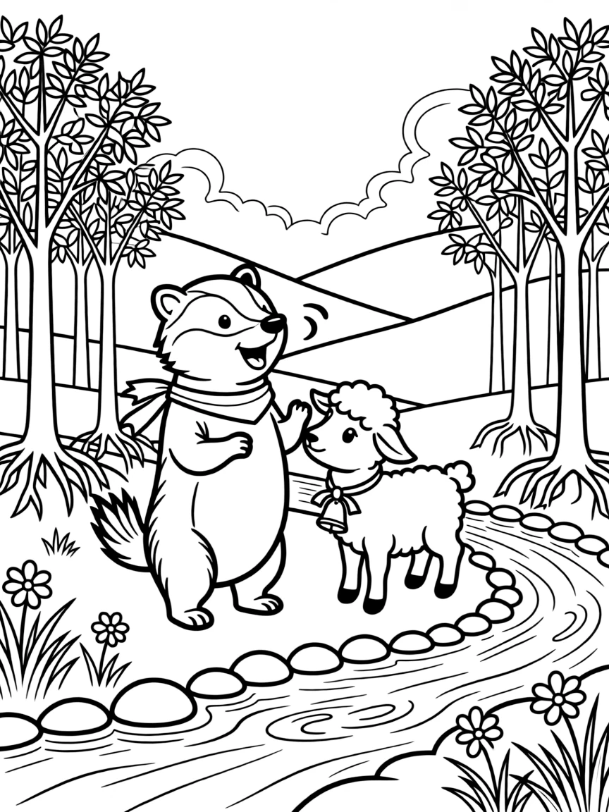A badger singing a cheerful tune with a lamb beside a bubbling brook, near a mangrove forest, while morning fog rolls over the hills.
