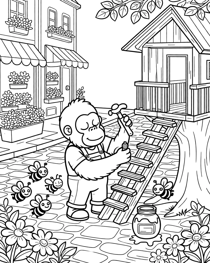 On a cobblestone street lined with flower shops, a sleepy orangutan inventor discovers the joy of building a treehouse with hammer and nails, while a swarm of bees buzzing around a honey jar watches happily nearby. The whole scene bursts with joy and adventure.