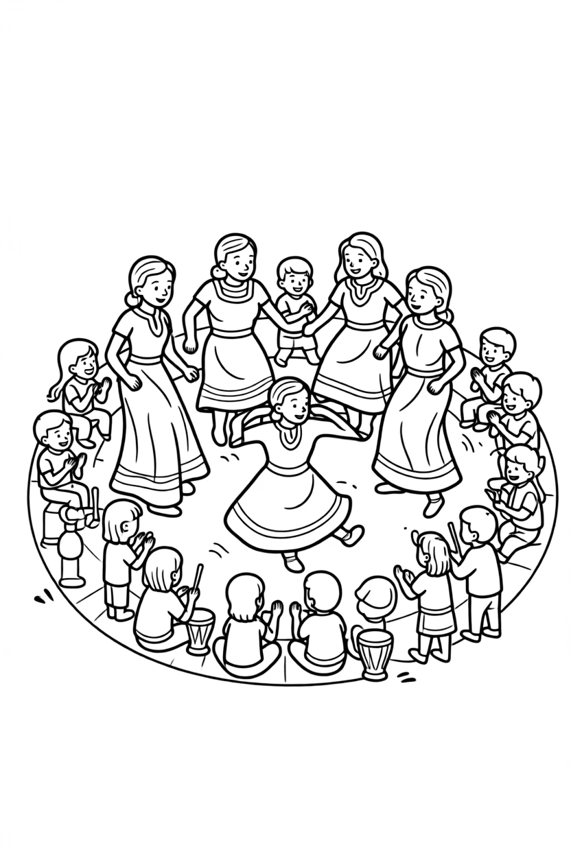 A coloring page bursting with rhythm from Ethiopia, showing dancers performing the shoulder-shaking eskista dance to drumbeats, with an audience of clapping children gathered around in a circle.