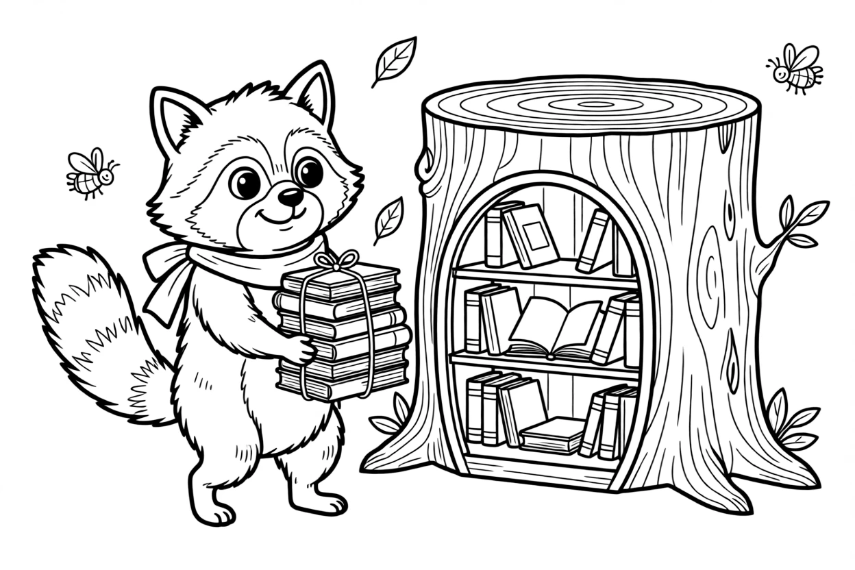 a gentle a curious raccoon carries a stack of tiny books tied with vine string to a hollow-log library.