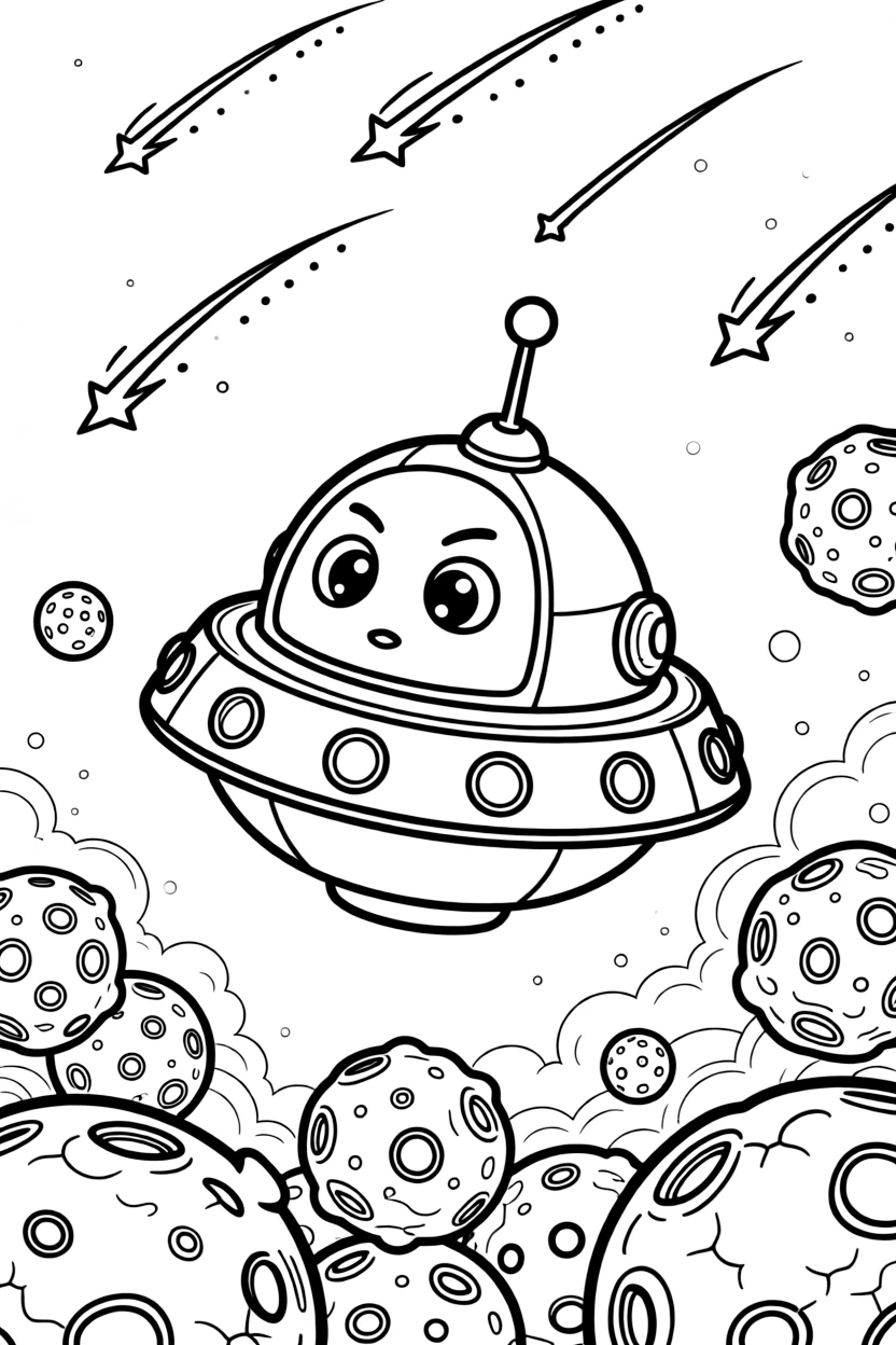 [Spaceships] a friendly robotic space probe gliding through a field of asteroids through a shower of shooting stars, concentrating hard with a focused expression. Nearby, asteroids tumble slowly through space. Tiny portholes line the ship's hull. The scene is captured on a foggy morning, with dust kicked up by the wind, giving the page a lively and adventurous feel that invites plenty of colorful detail.