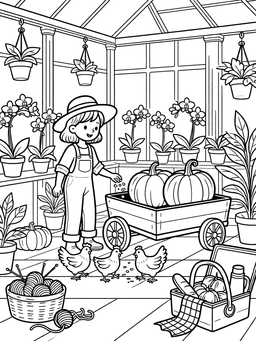 A girl farmer scattering seed for the chickens is filling a wagon with freshly picked pumpkins inside a greenhouse conservatory filled with orchids. All around, a basket of yarn and knitting needles nearby and a picnic basket overflowing with treats add a sprinkle of wonder to the moment.