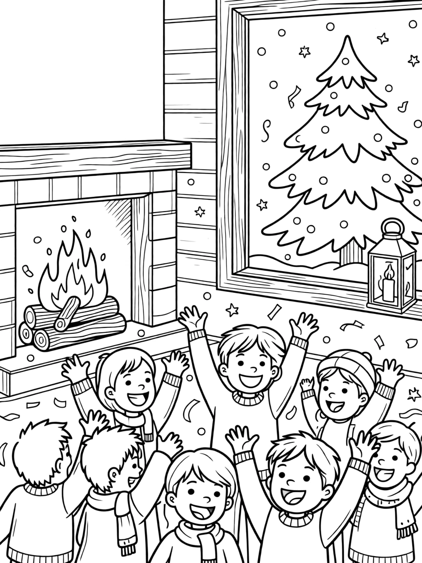 A close-up of confetti falling over a cheering crowd in a cozy cabin with a crackling fireplace, surrounded by a snow-covered pine tree and a lantern glowing softly in the snow.