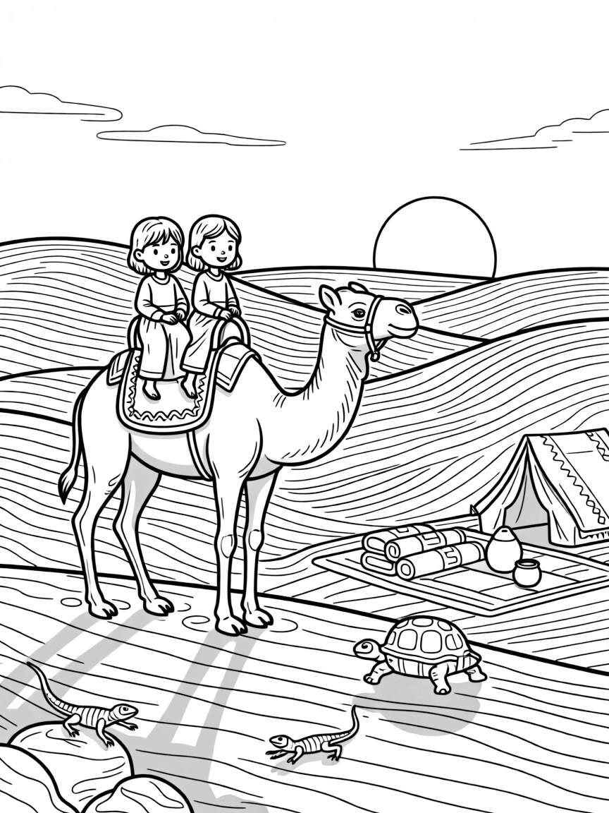 [Desert Dunes] A friendly camel carries two children across a sea of rolling sand dunes at sunset. Lizards bask on sun-warmed rocks while a tortoise slowly makes its way across the sand. A cluster of colorful woven blankets and clay pots sits near a small desert campsite. Warm golden light stretches long shadows across the rippling sand at sunrise.