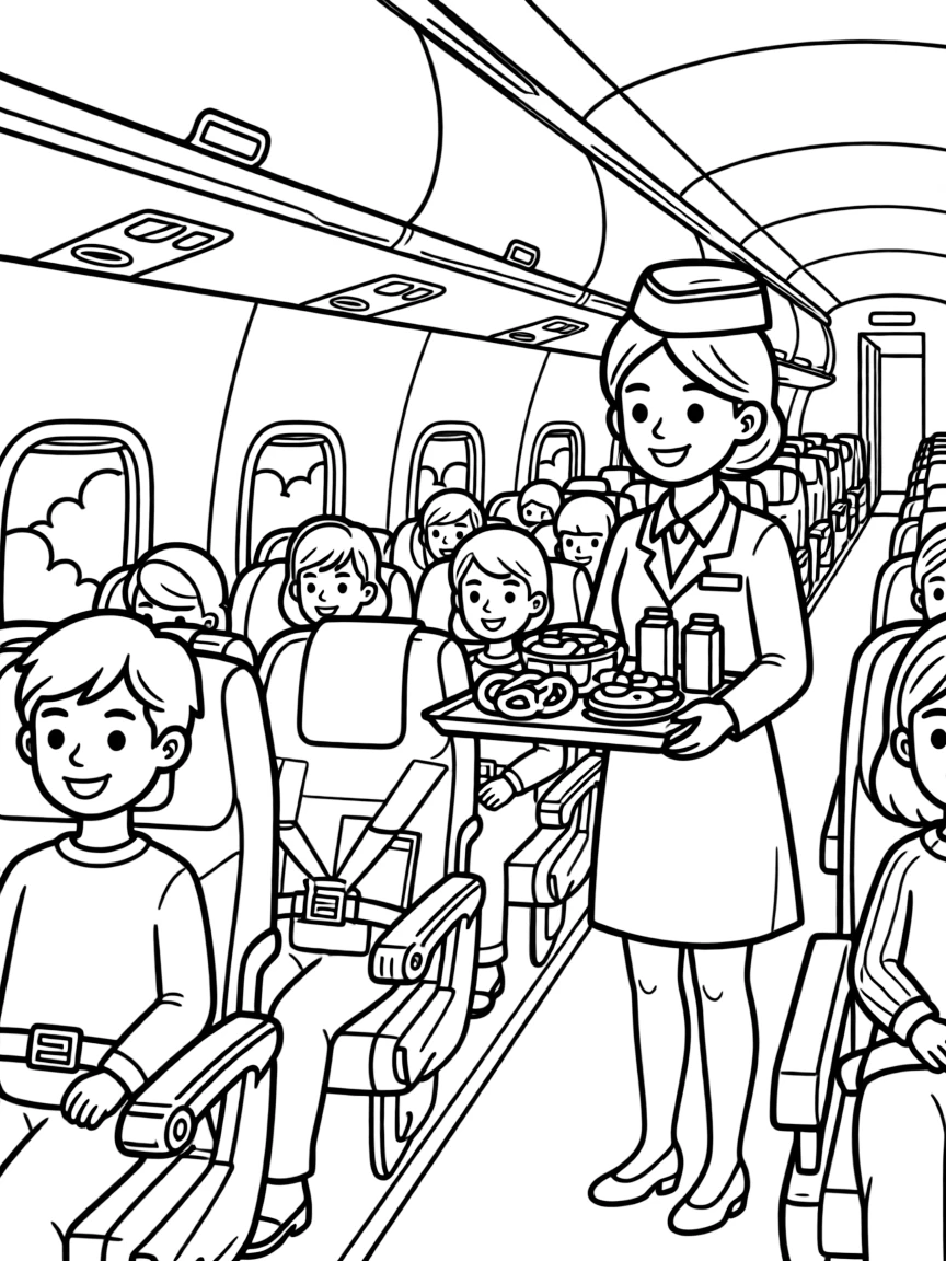 A flight attendant hands out snacks to smiling passengers on an airplane.
