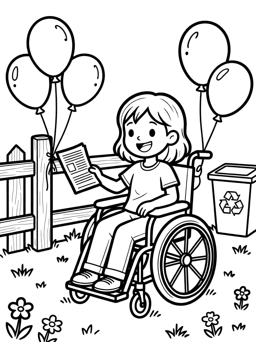 A girl using a wheelchair handing out flyers with a big smile at a recycling drive with balloons tied to a fence post.