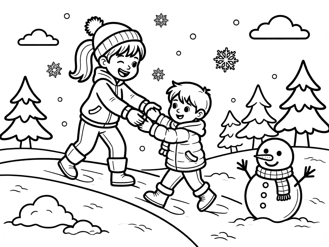 An energetic girl with a big smile, helping a younger sibling learn to snowplow down the bunny slope.