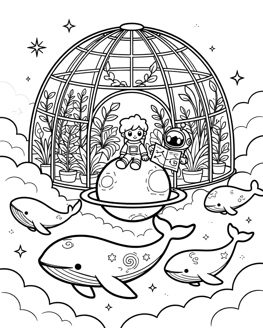 In a greenhouse dome growing plants from a dozen different planets, Voxa, a tiny alien explorer riding a floating pod helping a lost robot find its way home using a star map, while a family of gentle space whales swimming through the clouds adds to the excitement.