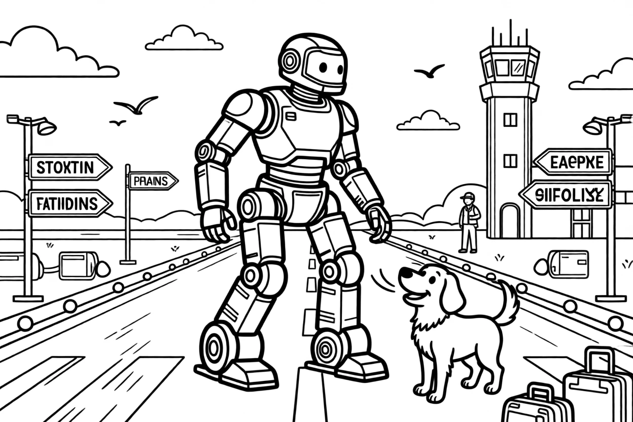 The scene captures a robotic exosuit walker with clanking mechanical legs in the middle of a busy airport runway with a control tower in the distance, with a friendly dog with its ears flapping in the wind nearby and road signs pointing toward fun destinations sprinkled around for extra fun.