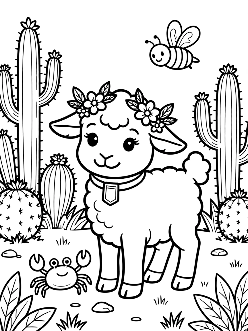 A lamb wearing tiny flower crowns with a crab in an enchanted forest clearing, near a cactus garden, while a friendly bee buzzes past.