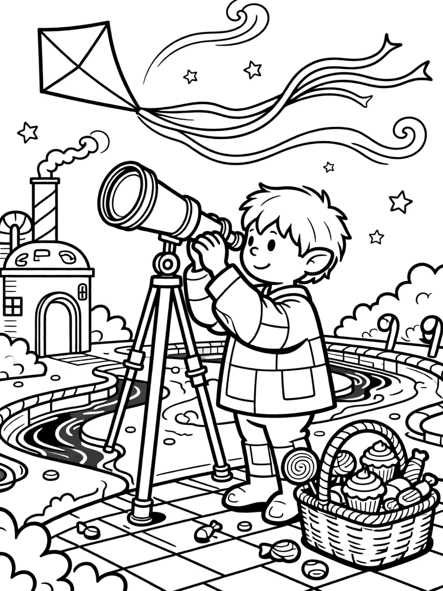 A huggable tiny troll bridge-keeper is stargazing through a giant telescope inside a candy factory with rivers of chocolate, joined by a picnic basket overflowing with treats and a kite tail fluttering with colorful ribbons. A gentle breeze carries the sound of joyful laughter.