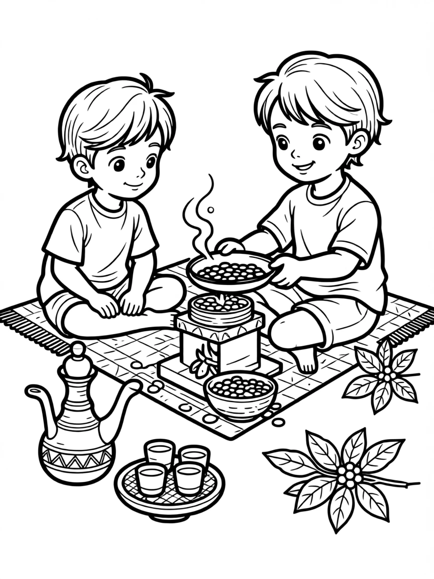 A coloring page of a child in Ethiopia enjoying a family gathering for a traditional coffee ceremony with roasting beans, surrounded by colorful supplies and a curious sibling watching closely.