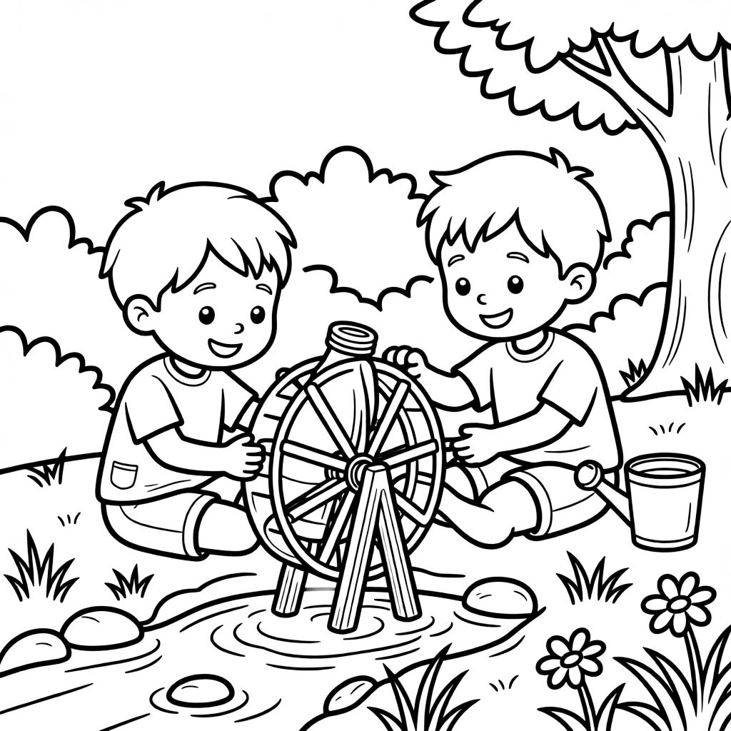 gentle twin brothers create a working water wheel from a plastic bottle and popsicle sticks.