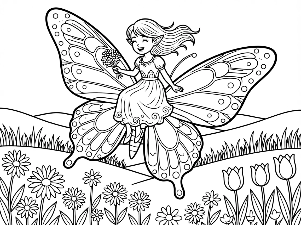 A young elf princess rides a giant butterfly through a valley of wildflowers during her coming-of-age ceremony.