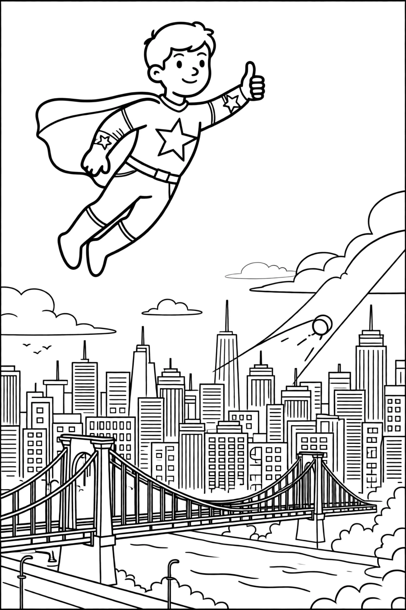 [Superheroes] a superhero with a starburst emblem flying above a city skyline over a bridge spanning a river, giving a confident thumbs-up. Nearby, a searchlight beam sweeps across the sky. An emblem decorates the center of the chest. The scene is captured at high noon, with fluffy clouds drifting overhead, giving the page a lively and adventurous feel that invites plenty of colorful detail.
