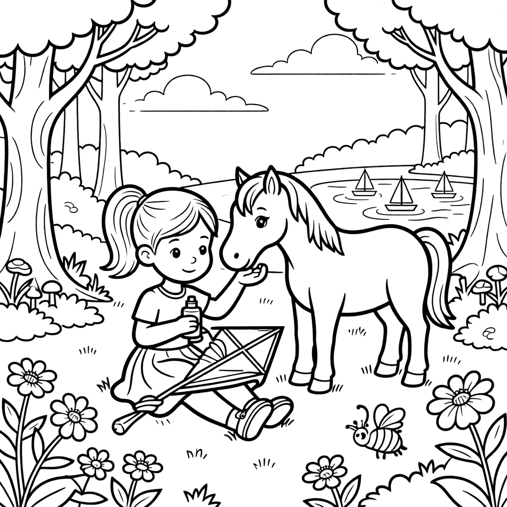 A girl kite-maker gluing colorful paper wings is petting a friendly pony's soft nose in a quiet clearing of an enchanted forest. Just beyond, a curious bumblebee buzzing among the blooms and little sailboats bobbing on the horizon make the setting feel extra special.