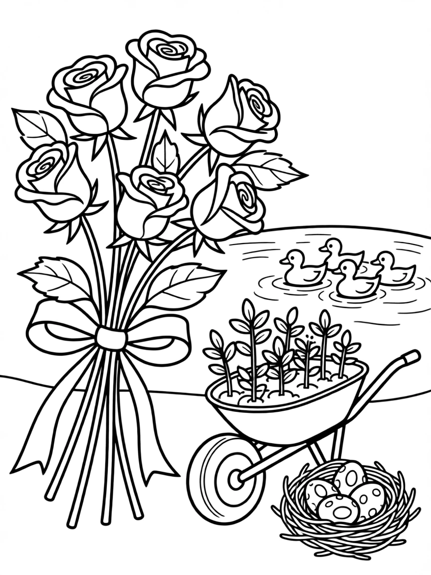 A close-up of a bouquet of red roses tied with ribbon by a pond where ducklings paddle in a row, surrounded by a wheelbarrow full of seedlings and a nest with three speckled eggs.